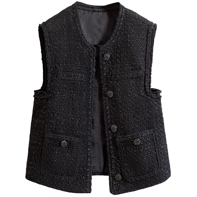 丝柏舍 小香风纯色圆领修身单排扣开衫法式气质短款马甲 女款