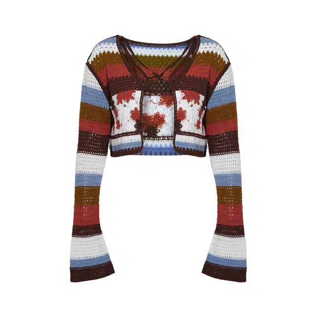 两三事 疯狂萨克斯 复古文艺甜美可爱时尚高级感休闲宽松舒适日常通勤百搭钩花镂空开衫拼色外套针织衫 女款