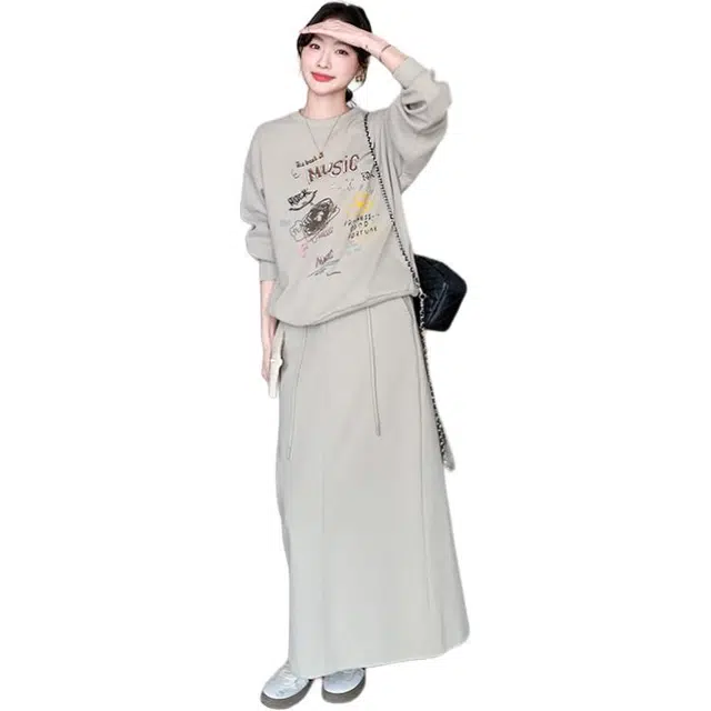 稻草人 舒适时尚简约百搭休闲运动针织上衣裙子秋冬两件套装 女款