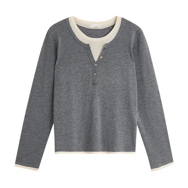 茵曼 假两件羊毛简约合身套头长袖拼色上衣针织衫 女款