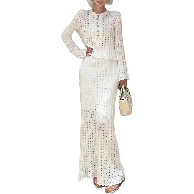 敲模女孩 法式镂空设计高级感气质针织衫高腰修身半身裙裙装套装 女款