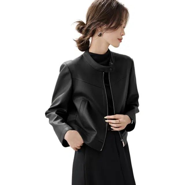 沫晗依美 机车风简约纯色通勤长袖皮衣 女款