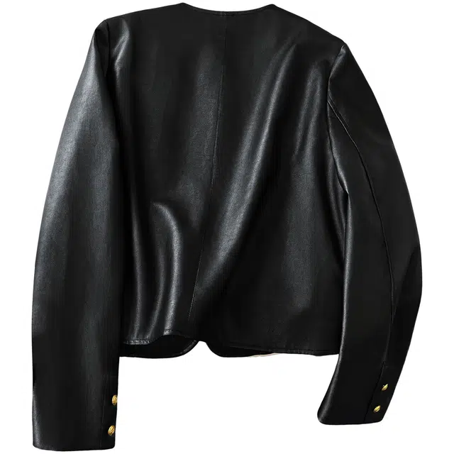 丝柏舍 宽松款简约气质机车风撞色单排扣圆领短款正肩长袖皮衣 女款