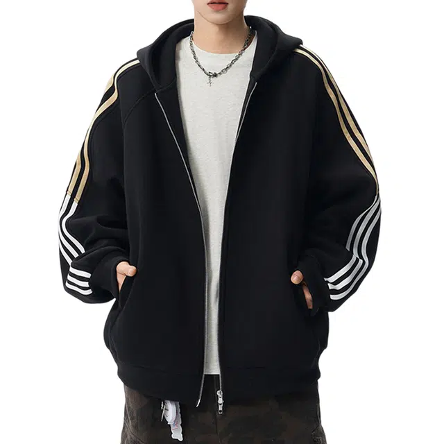 冈哉 拼色条纹拼接纯色开衫设计美式复古学院风宽松舒适重磅垂感潮流时尚百搭慵懒感卫衣 男女同款