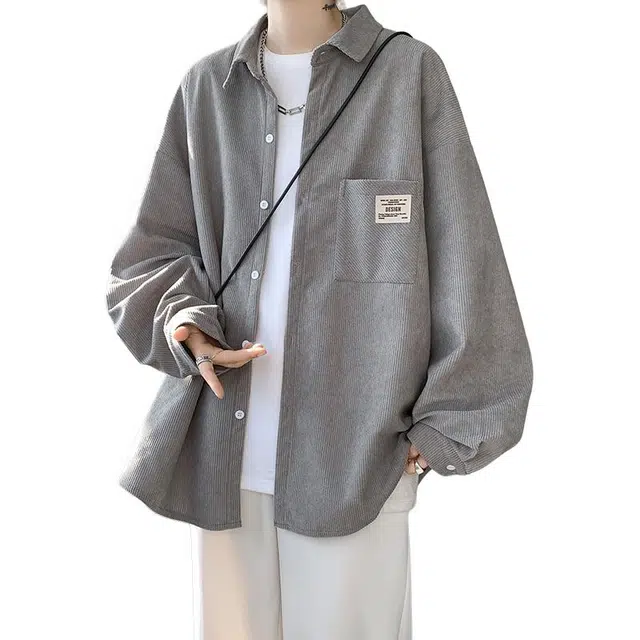 冈哉 港风宽松大码灯芯绒长袖单排扣简约基础款百搭少年感叠穿潮搭垂感痞帅舒适打底内搭外穿春秋款衬衫 男女同款