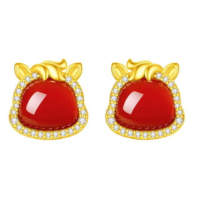 周大生 马上有福本命年显白气质古典新中式国风 温婉小众设计感 通勤养耳洞一对 #好运 玛瑙 耳钉 女款