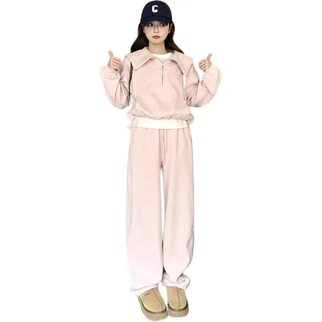 袋鼠 海军领休闲运动时尚上衣阔腿裤两件套穿搭卫衣套装 女款