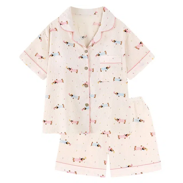 豹了个猫 卡通腊肠狗可爱甜美宽松居家舒适休闲家居服睡衣套装 女款