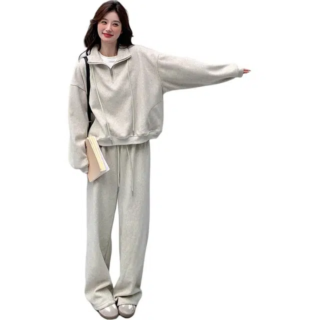 袋鼠 休闲运动慵懒松弛感上衣阔腿裤两件套穿搭卫衣套装 女款