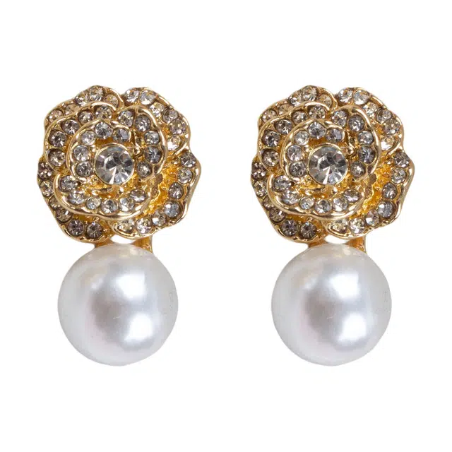 澜耀 金色花朵珠珠 小众设计轻奢高级感简约百搭时尚耳饰 合金 耳环 女款