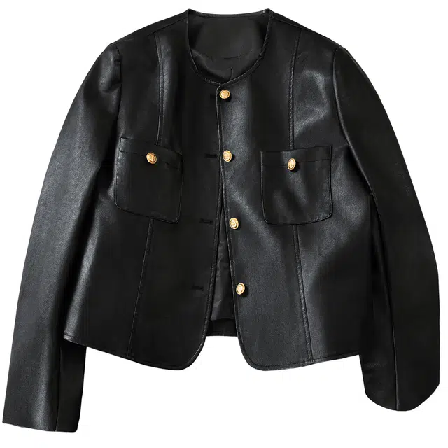 丝柏舍 宽松款简约气质机车风撞色单排扣圆领短款正肩长袖皮衣 女款