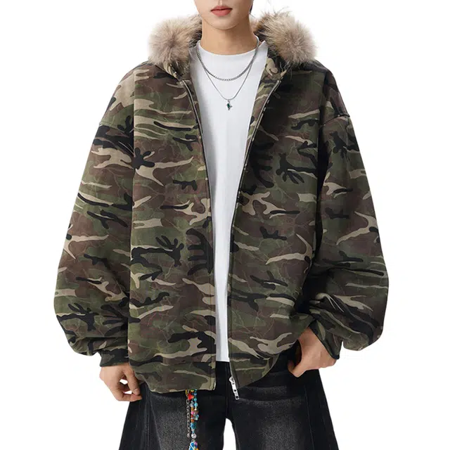 冈哉 迷彩满印毛领连帽拉链开衫美式复古宽松休闲时尚日常通勤百搭高街风个性街头卫衣 男女同款