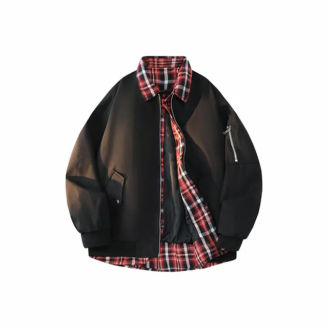 红豆 假两件复古翻领图案拼接宽松舒适百搭学院风夹克外套 男女同款