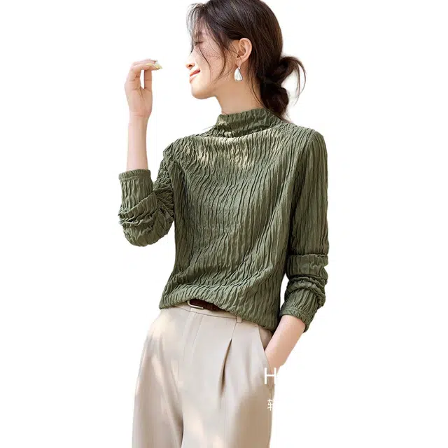 沫晗依美 经典简约肌理感纯色常规长袖半高领直筒针织衫 女款