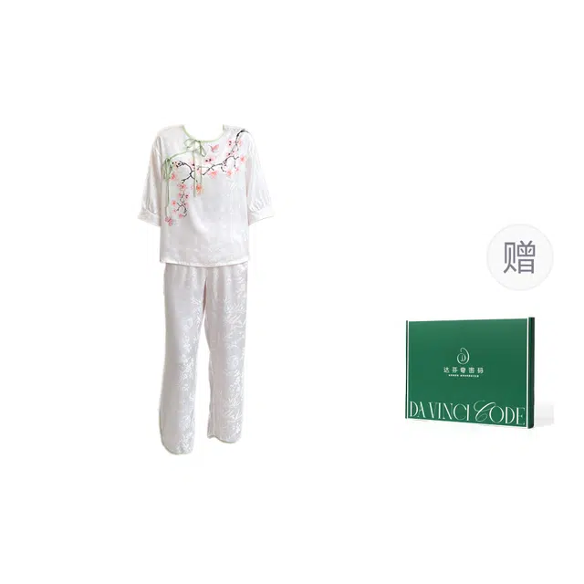 达芬奇密码 新中式国风优雅舒适简约时尚柔软中袖长裤百搭睡衣套装家居服礼盒 女款