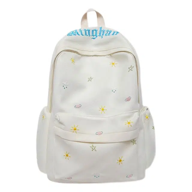 單倉 高颜值可爱印花时尚设计通勤百搭背包学院风初高中学生大容量轻便耐磨书包 尼龙 双肩包 常规 女款 白色/粉色/黄色/蓝色/绿色