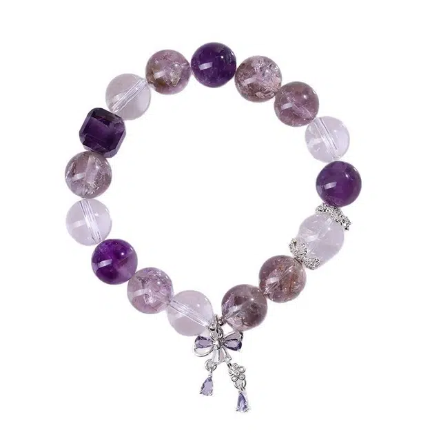 兮畔 紫塔晶手链九紫离火运清新时尚蝴蝶结#好运天然 紫水晶 手串 女款
