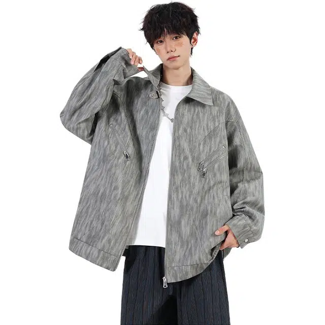 佐菲利 美式高街扎染复古翻领工装外套潮牌百搭大口袋休闲上衣夹克 男女同款