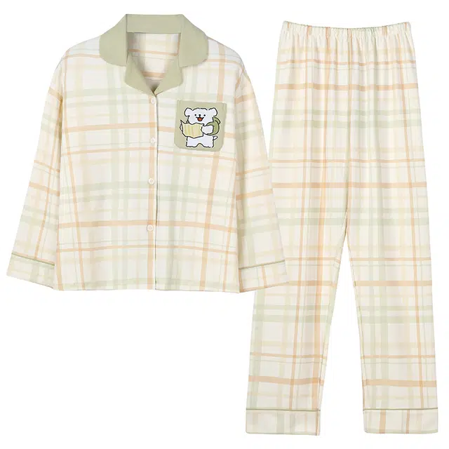 俏霓桐 春秋款甜美格子纯棉亲肤可爱卡通简约拼色休闲翻领长袖长裤家居服可外穿睡衣套装 女款
