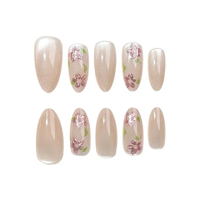 韵月乔 玫瑰金花花玻璃珠裸色猫眼短杏仁穿戴甲  中梯粉色纯色 细闪