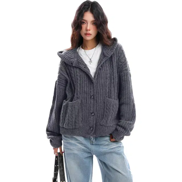 敲模女孩 美式复古慵懒风连帽设计感宽松针织衫 女款