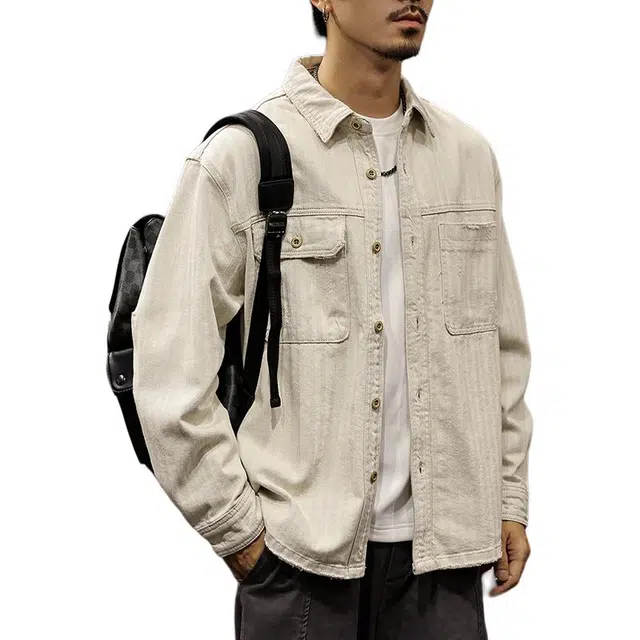 路杰邦 高级感灰白色衬衫男春秋潮牌美式复古破洞工装夹克宽松外牛仔外套 男款
