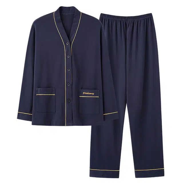 俏佳人 开衫纯色和尚领简约家居服宽松休闲亲肤舒适透气可外穿长袖长裤睡衣套装 男款