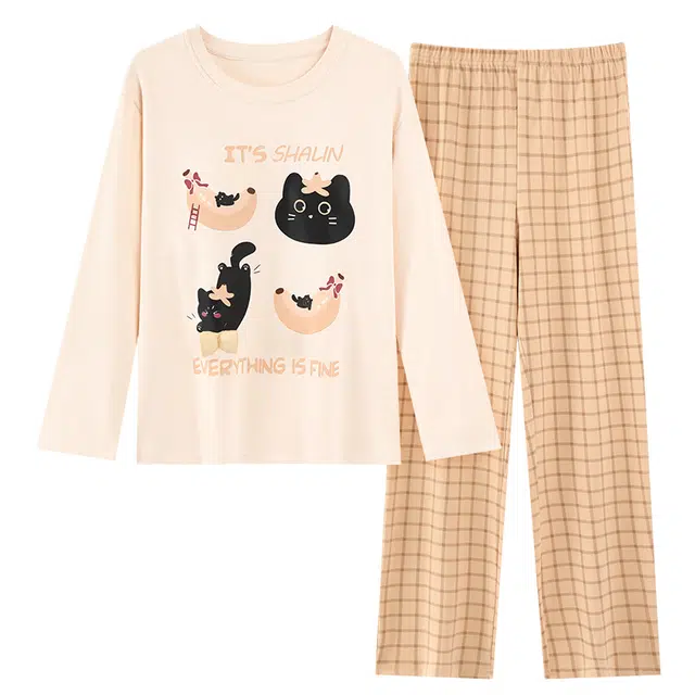 俏霓桐 春秋款甜美可爱卡通圆领简约格子休闲带胸垫长袖长裤家居服可外穿睡衣套装 女款