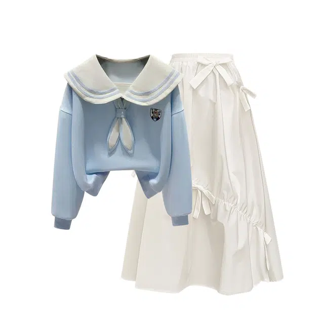 棉购 韩系学院风海军领卫衣仙女半身裙两件套长袖裙装套装 女款