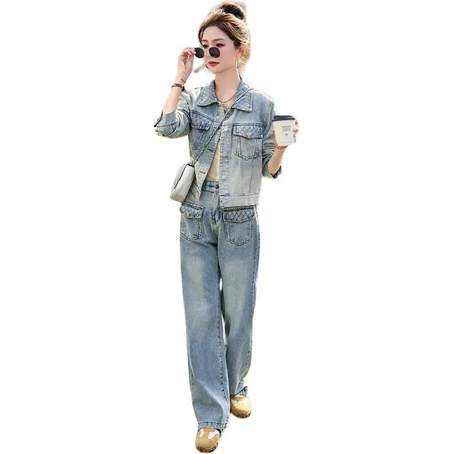 袋鼠 复古港风氛围时髦气质翻领牛仔两件套休闲套装 女款