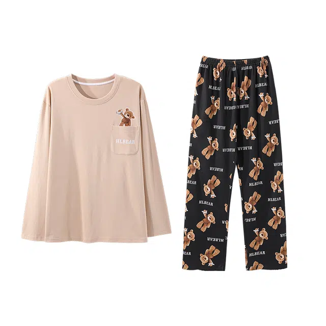 俏霓桐 时尚满印圆领纯棉亲肤简约可爱卡通小熊休闲长袖长裤家居服可外穿睡衣套装 男款