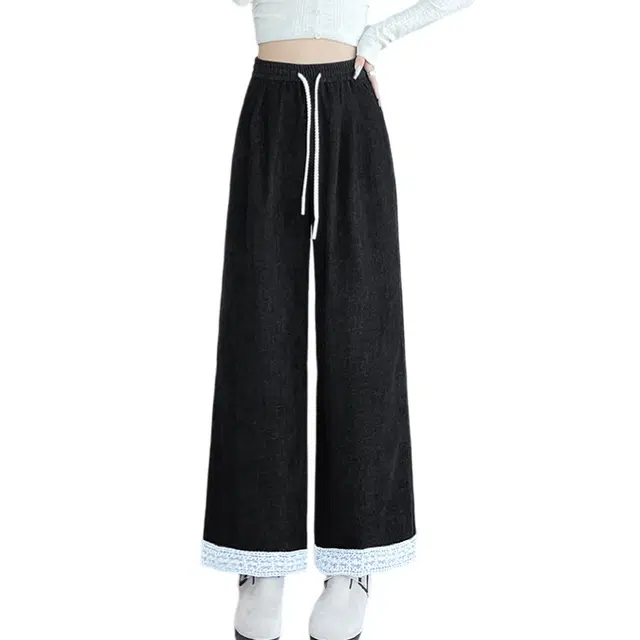 荟萃阁 蕾丝花边条绒阔腿裤宽松百搭软糯小个子九分休闲裤 女款