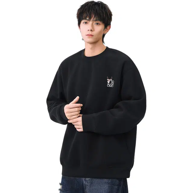 米素力 刺绣圆领秋季落肩袖潮套头卫衣 男女同款