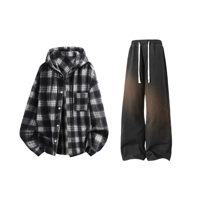 【连帽格子衫牛仔裤一套】布客行 美式复古潮流长袖抽绳单排扣拼色保暖开衫外套水洗做旧港风宽松阔腿长裤衬衫套装 男女同款