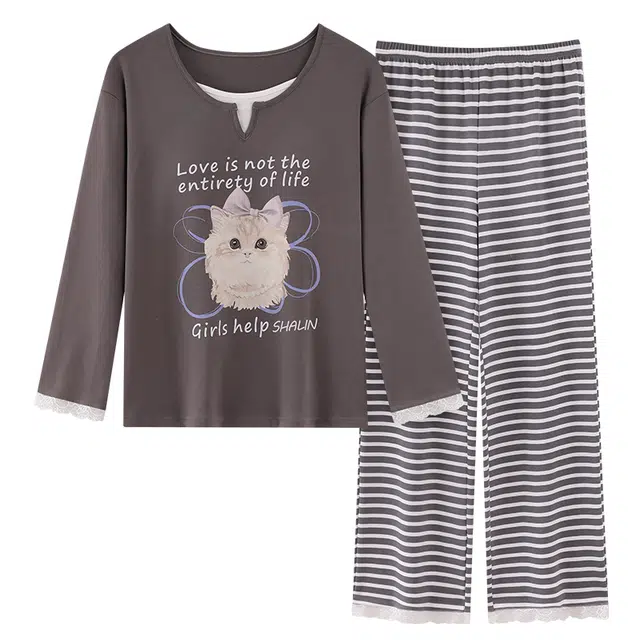 俏霓桐 可爱卡通小猫带胸垫假两件休闲条纹简约甜美蕾丝长袖长裤家居服可外穿睡衣套装 女款
