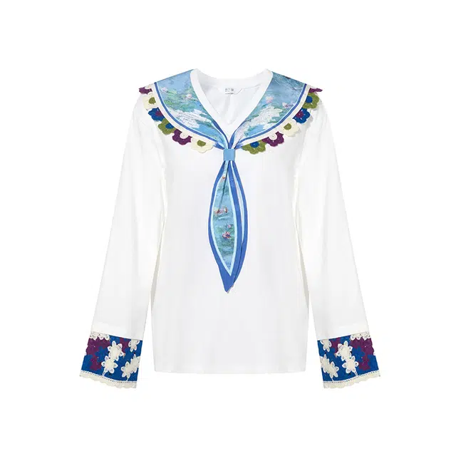 两三事 梦游仙翼 甜美可爱时尚设计感宽松舒适日常通勤百搭海军领钩花花卉领带落肩袖长袖上衣衬衫 女款