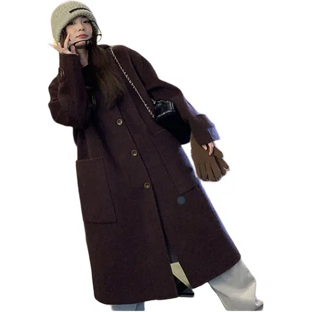 稻草人 时尚百搭宽松韩版长款连帽正反面两穿秋冬外套羊毛大衣 女款