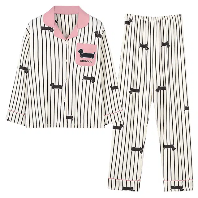 俏霓桐 甜美休闲可爱卡通小狗纯棉亲肤简约条纹拼色翻领长袖长裤家居服可外穿睡衣套装 女款