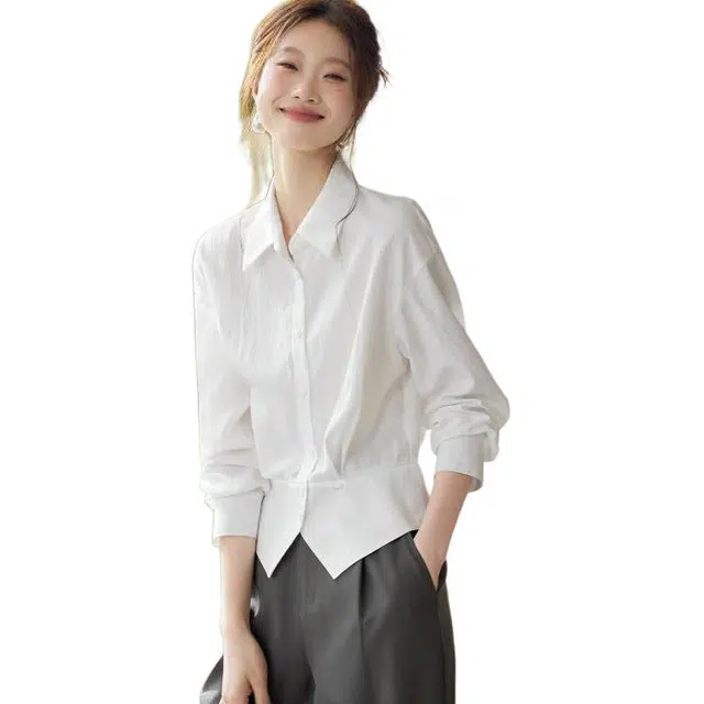沫晗依美 设计感收腰简约纯色长袖衬衫 女款