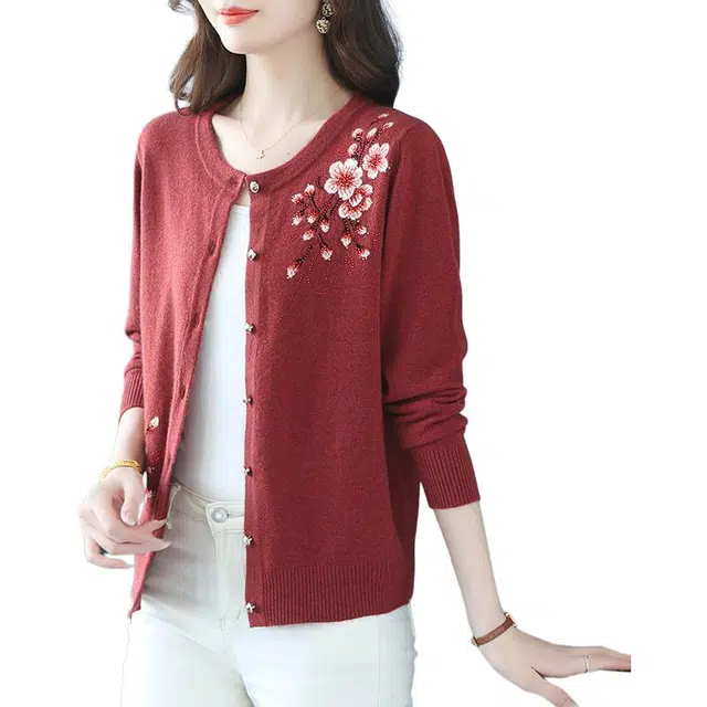 袋鼠 气质优雅宽松质感绣花圆领纯色开衫羊毛针织衫 女款