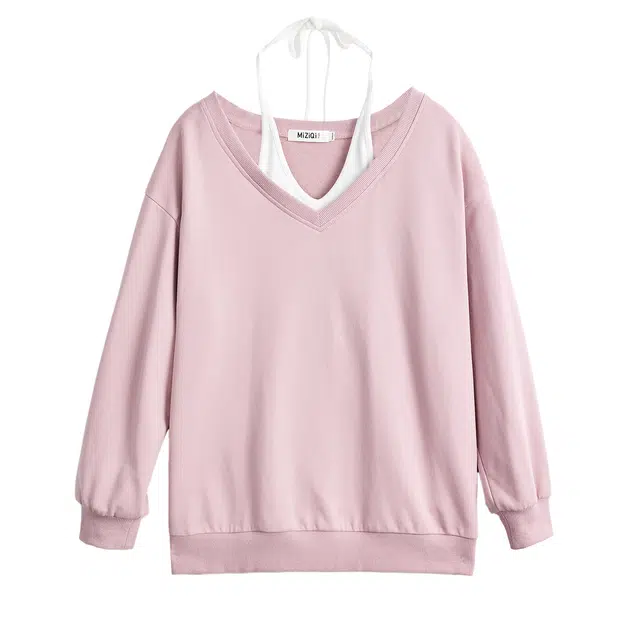 米子旗 粉色韩版百搭常规长袖通勤套头假两件套粉色韩版百搭卫衣 女款