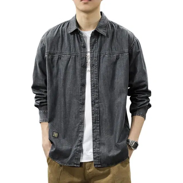 前进牛 秋季美式休闲复古潮牌经典老钱风水洗做旧潮流高街痞帅百搭大码工装翻领长袖牛仔外套 男款