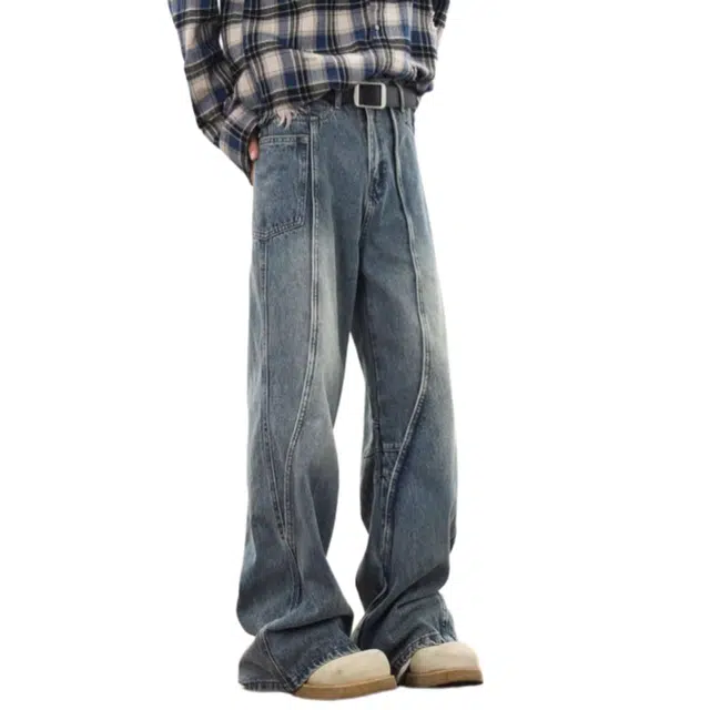 大格子与黑猫 复古美式高街痞帅水洗拼接潮牌宽松直筒裤子牛仔裤 男女同款