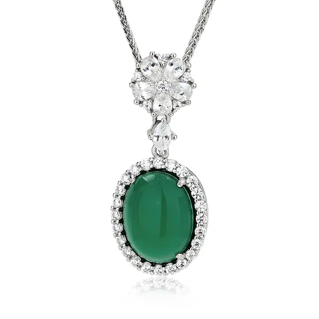 周大生 流光溢彩 银镶玉轻奢简约 鸽子蛋薄荷绿新中式国潮优雅贵气时尚清冷高级百搭锁骨链#好运天然 玉髓 项链 女款