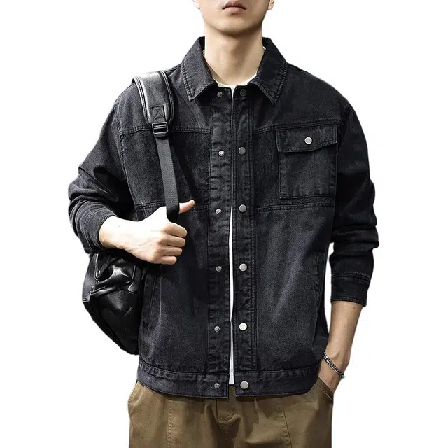 前进牛 秋季美式休闲经典复古潮牌军事风高街痞帅重磅水洗潮流百搭宽松翻领工装夹克牛仔外套 男款
