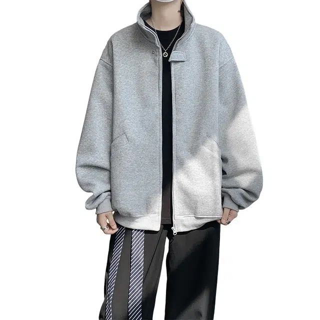 加荣 美式高街小众高级感针织男款复古潮牌拉链连帽男秋款春秋季设计感宽松百搭开衫男显高显瘦长袖衣男纯色简约上衣 男女同款