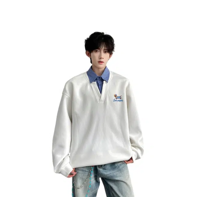 加荣 美式复古条纹翻领头男秋卫衣拼接套头假两件无帽外套纯色内搭叠穿打底字母设计男休闲衣服宽松高级感小众日常长袖男上衣 男女同款