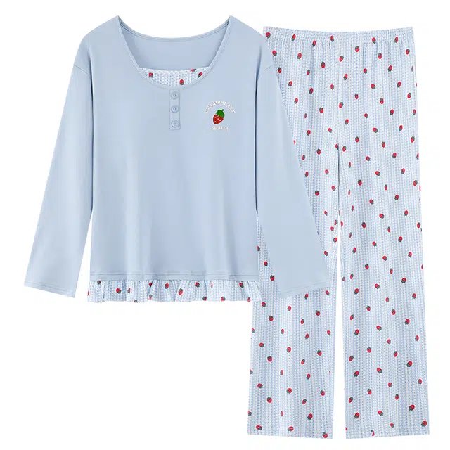 俏霓桐 甜美草莓纯棉亲肤带胸垫可爱简约少女风舒适长袖长裤家居服可外穿睡衣套装 女款