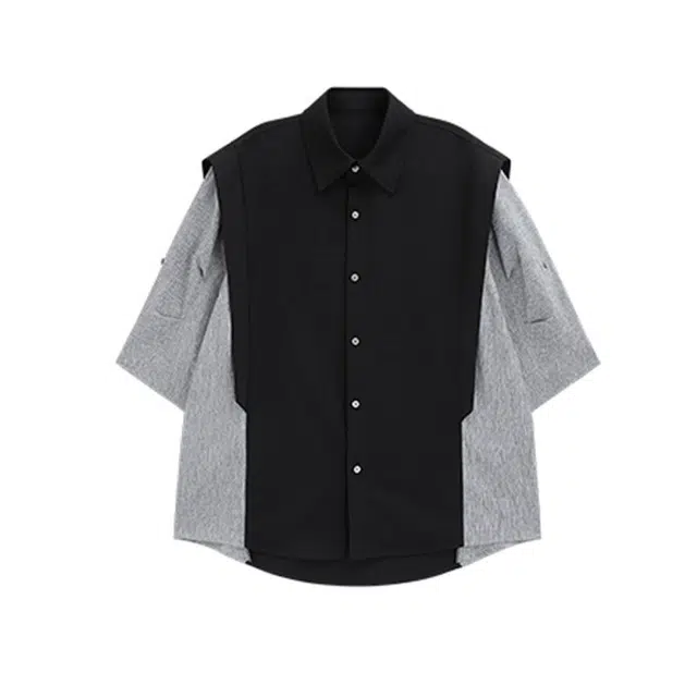 大格子与黑猫 撞色拼接夏季男士短袖宽松高级痞帅休闲男装百搭衬衣衬衫 男女同款