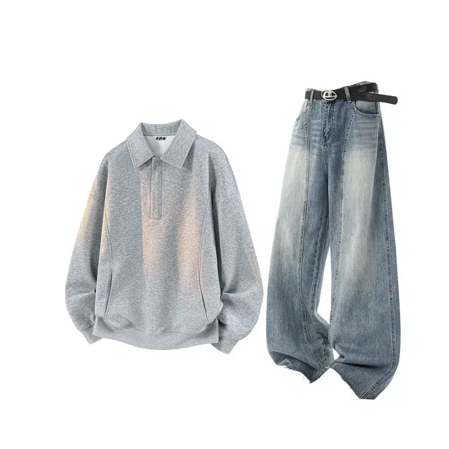 梓润格 简约百搭重磅曼巴棉拼接半拉链大码港风美式阔腿学院风无性别主义舒适牛仔高级氛围感高街宽松设计感弯刀卫衣套装 男女同款